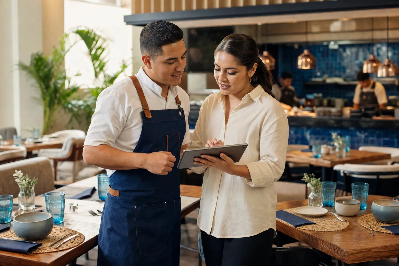 Equipo de restaurante coordinando pedidos desde una tablet