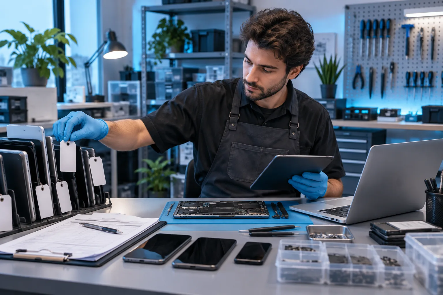 Técnicos informáticos revisando una reparación y sus componentes