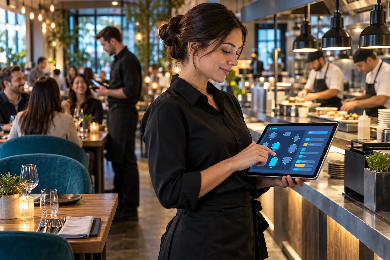 Equipo de restaurante coordinando pedidos desde una tablet